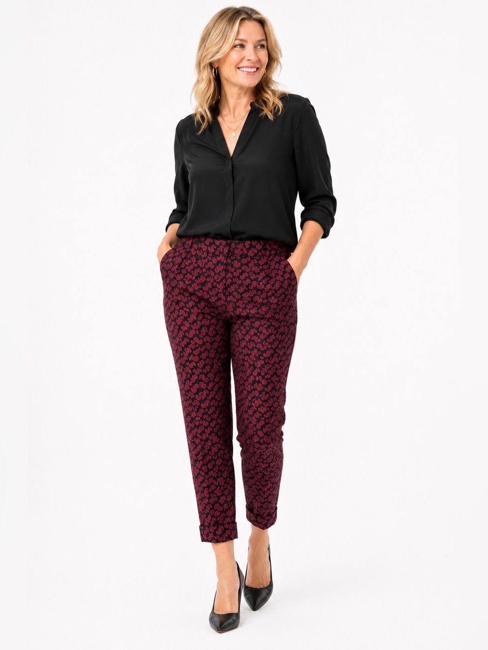 Stella McCartney Cropped Trousers IT 40 US 4 Burgundy Black Floral Print Pants